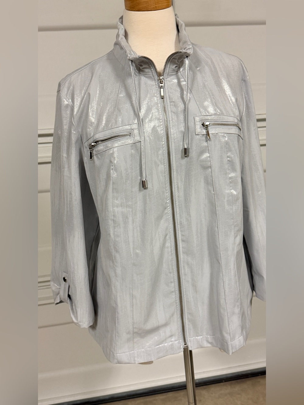 Light Gray Metallic Zip-Front Women's Utility Jacket